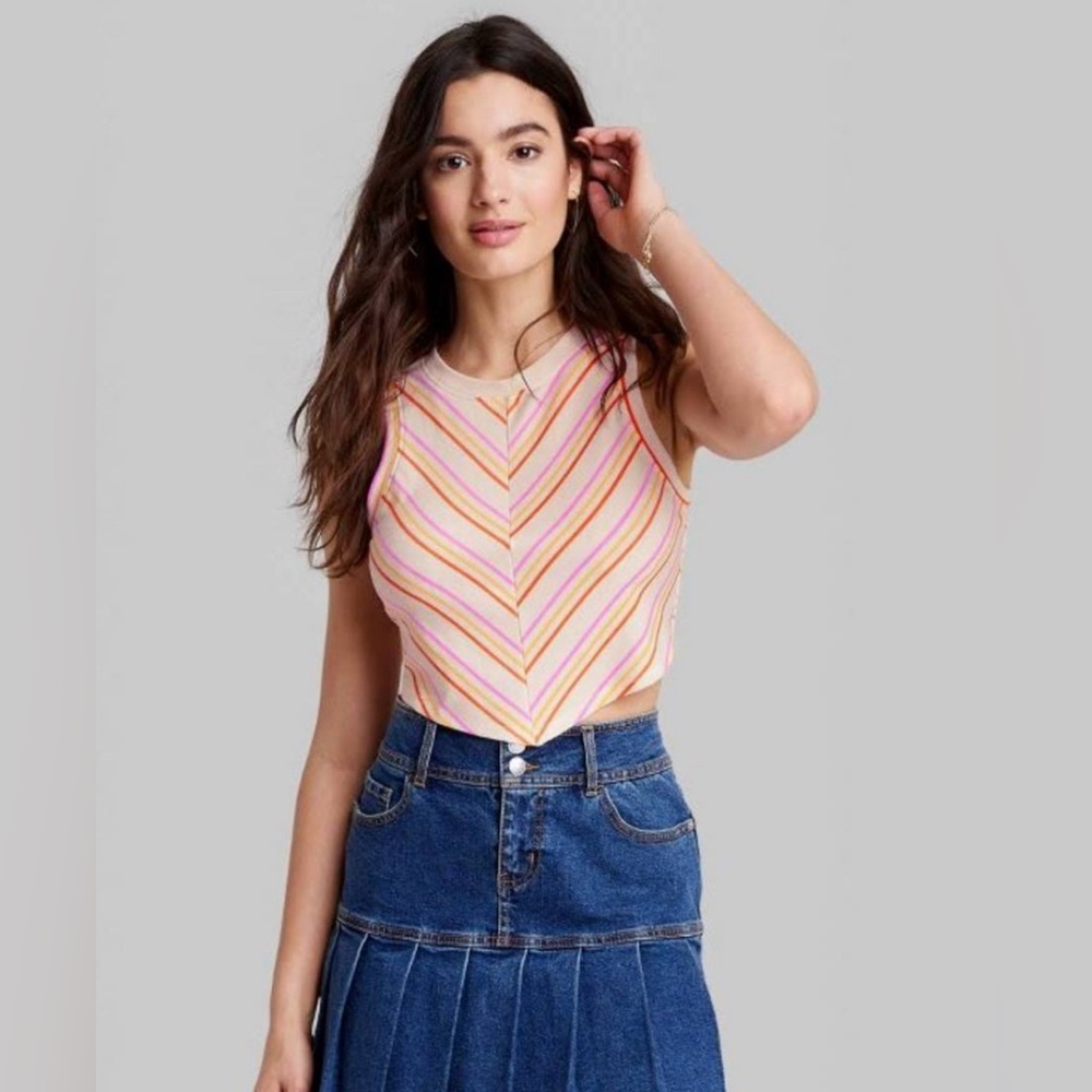 Wild Fable Pink, Yellow, Orange, and White Striped Cropped Tank with Open Back